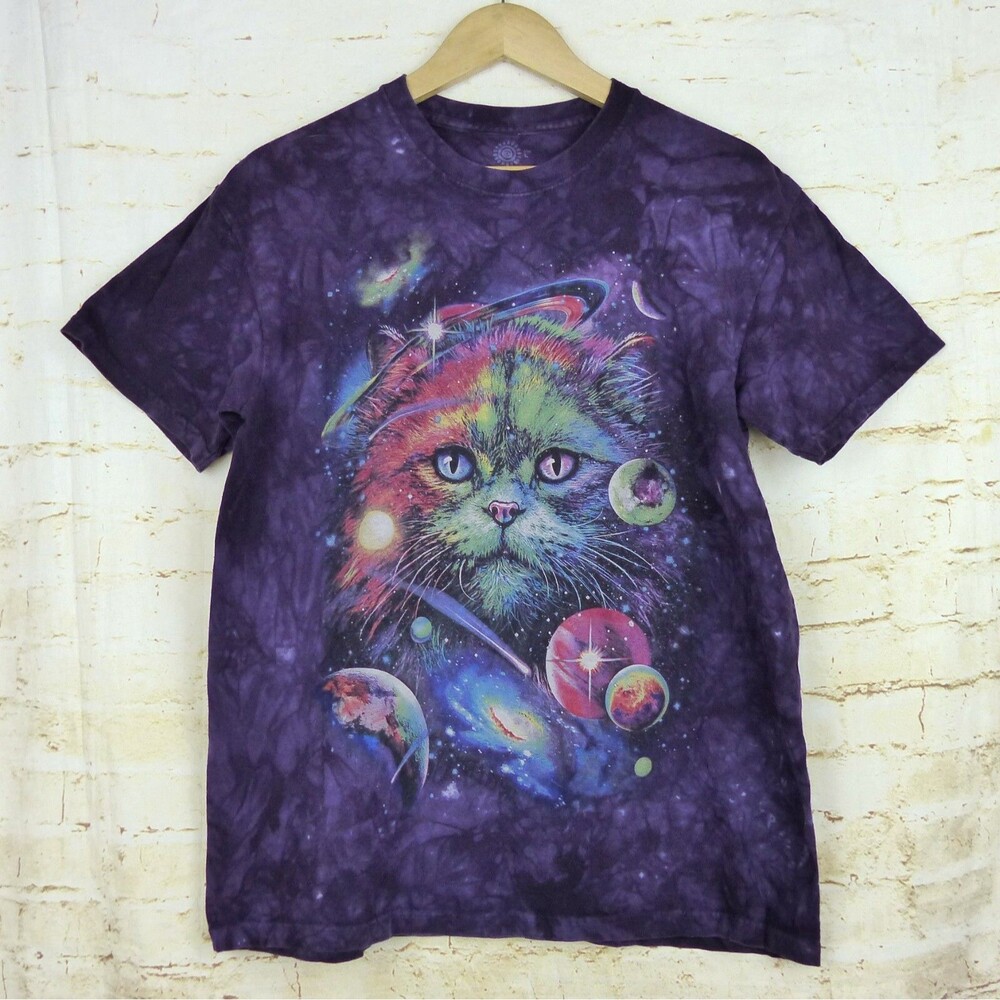 The Mountain T-Shirt Womens L Purple Tie Dye Cosmic Cat Galaxy Classic Cotton
